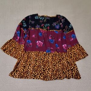 Calessa Mixed Floral and Leopard Print Peplum Top - Multicolor